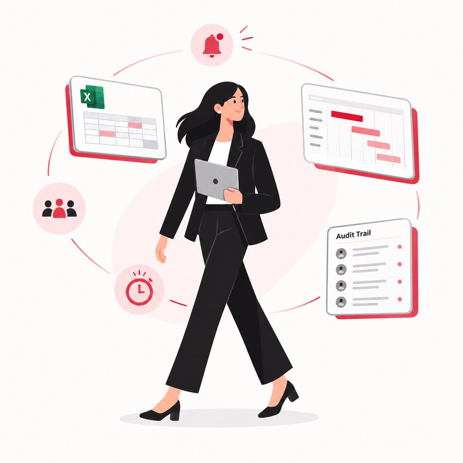 A PM walking confidently, surrounded by floating panels for spreadsheets, Gantt charts, team members and the audit trail